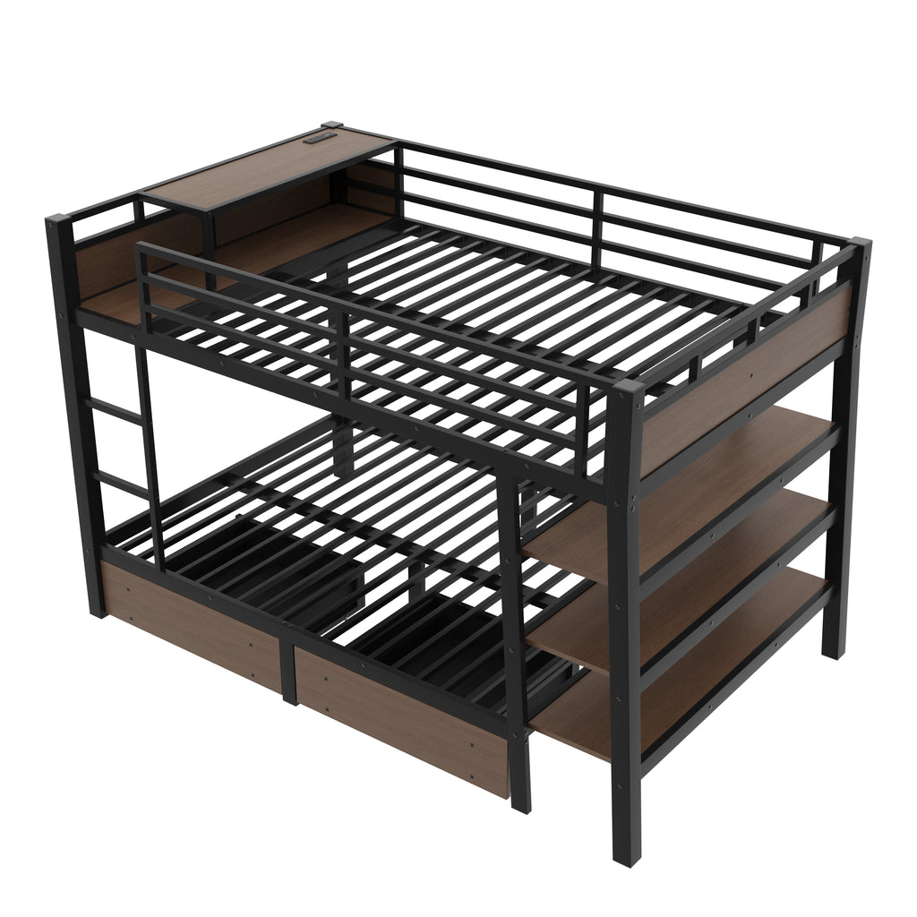 Full Size Metal Bunk Bed with Storage Shelves, LED Light Strip, and USB Power Strip