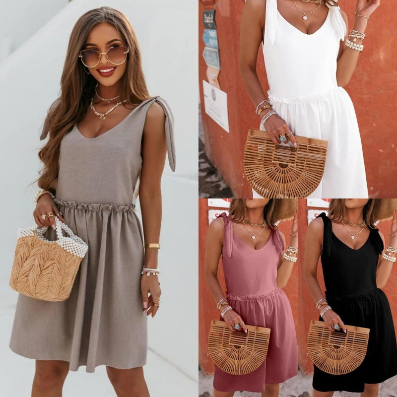 New Summer Sleeveless V-Neck Solid-Color Womens Dress