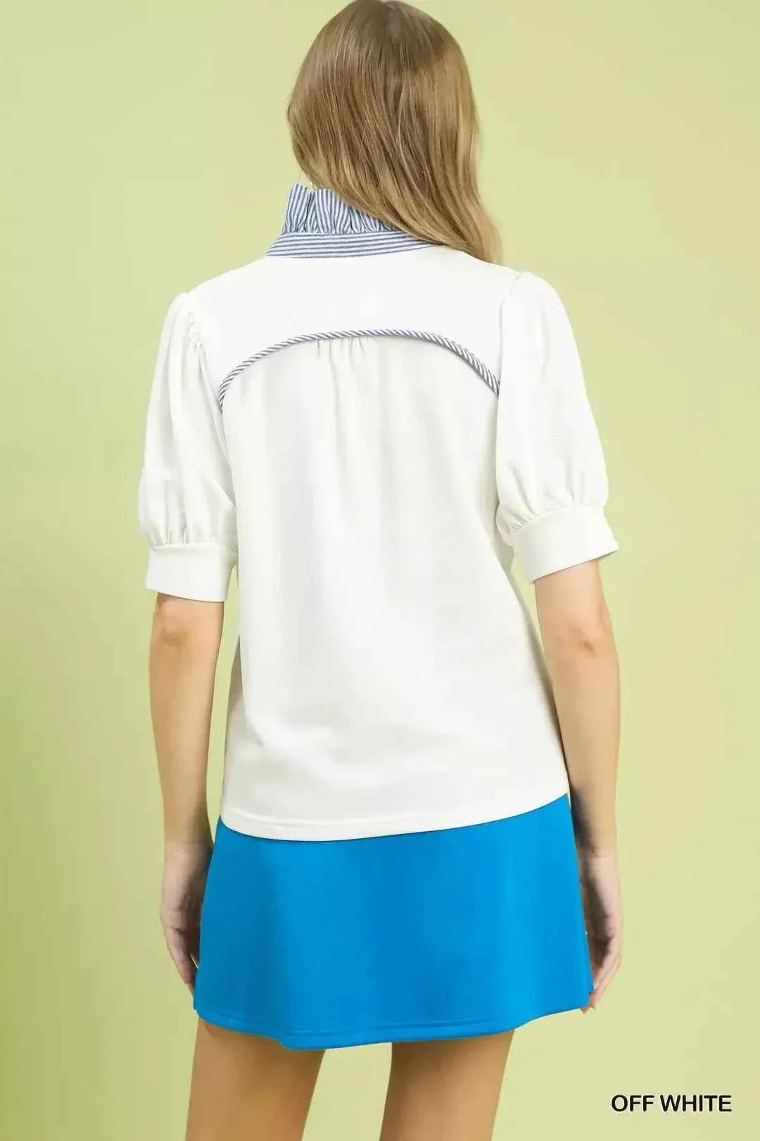 Off White Contrast Stripe Collar Puff Sleeve Top by Umgee
