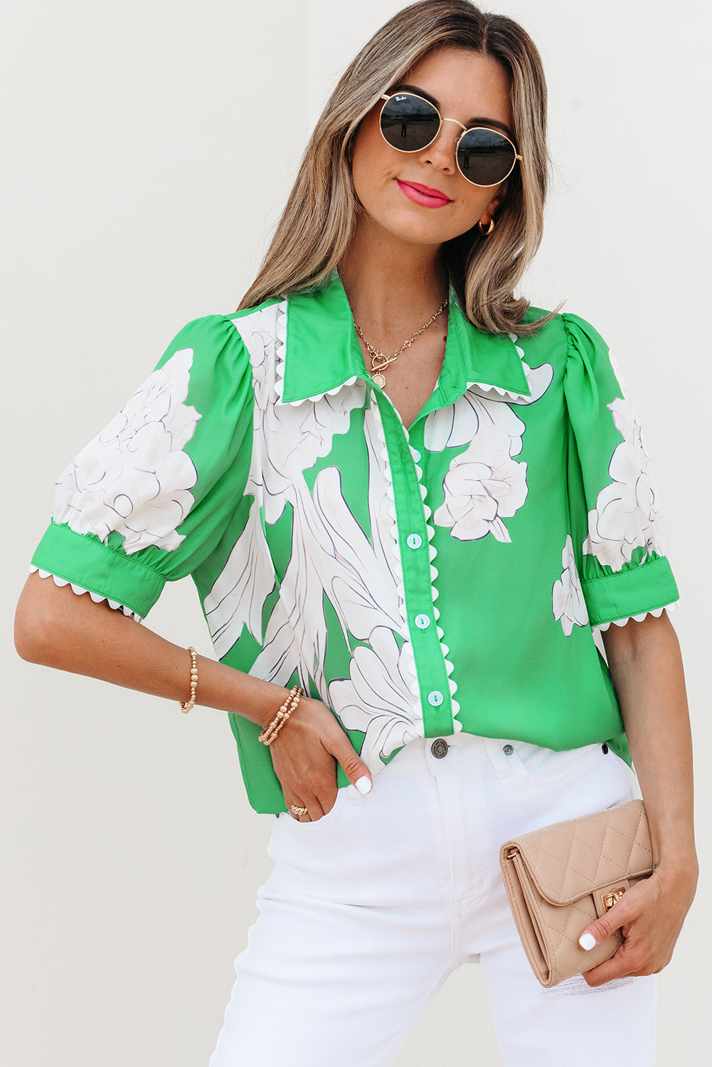 Floral Ricrac Trim Puff Sleeve Buttoned Shirt