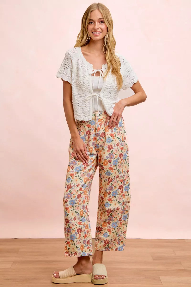 Cream Multi Washed Floral Printed Twill Barrel Pants by BiBi