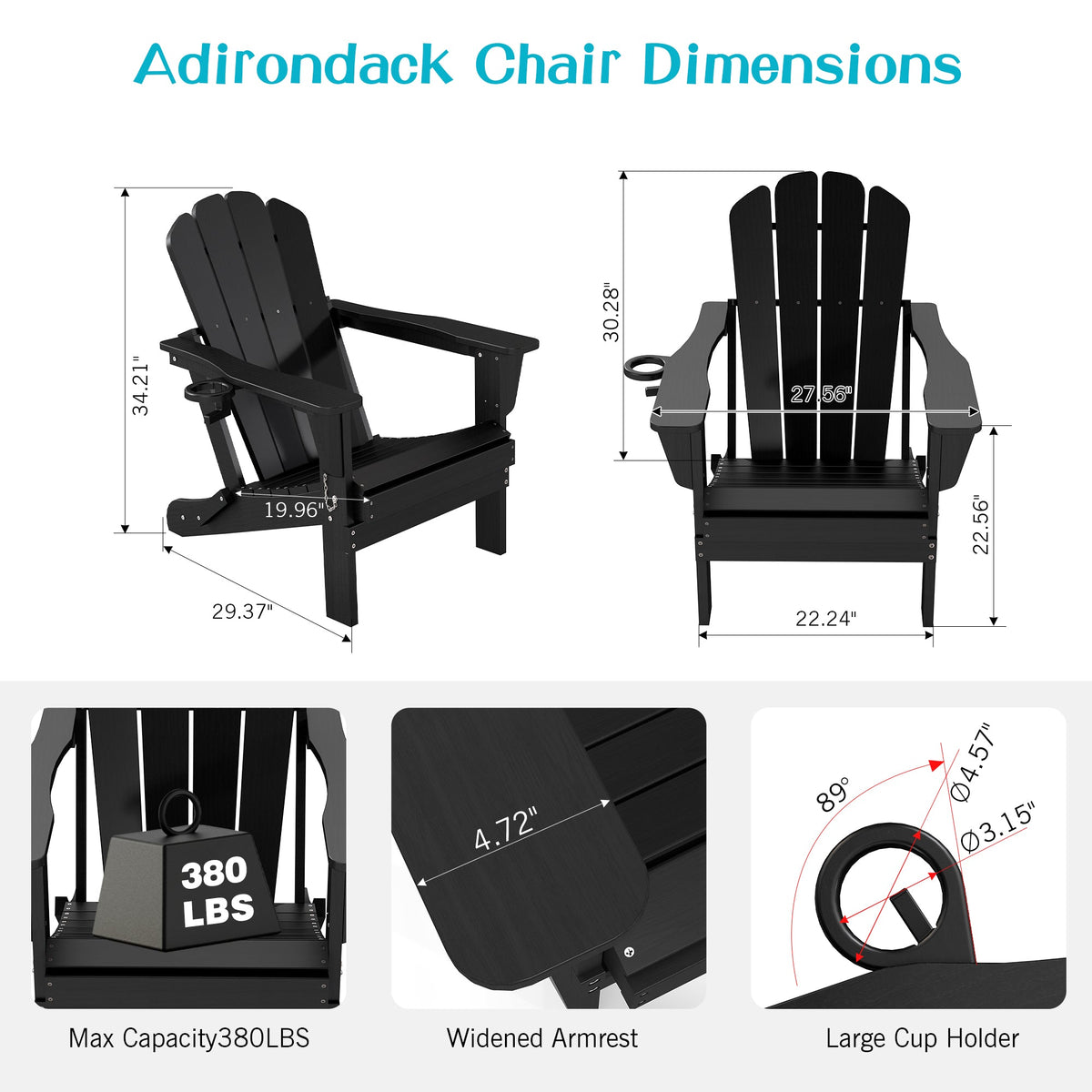 Folding Adirondack Chair with Cup Holder - Black