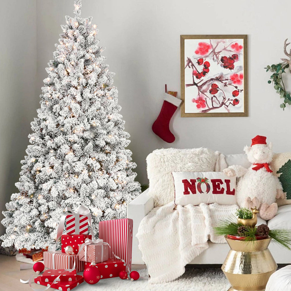 8FT Flocked Christmas Tree with 700 UL Lights and 54 Pine Cones