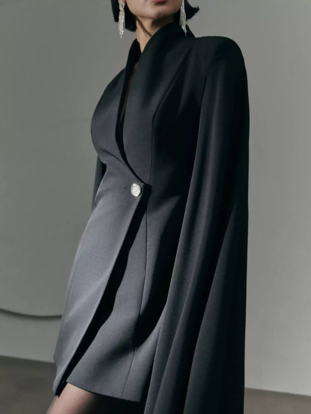 One Button Fitted Mini Blazer Dress with Cape Sleeves
