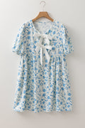 Floral Contrast Bow Puff Sleeve Mini Dress