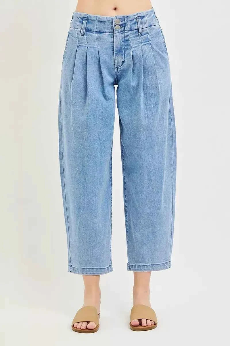 Medium Wash Slouchy Crop Barrel Pleated Jeans by Risen