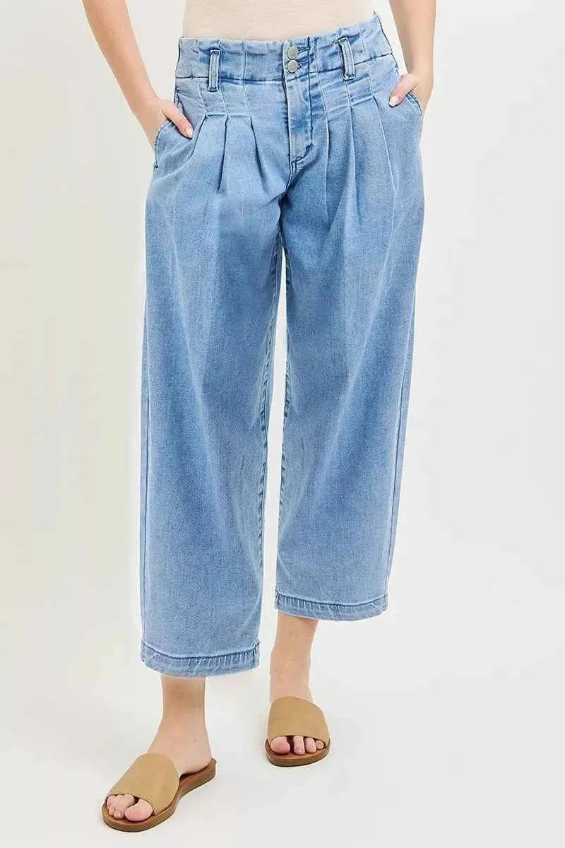 Medium Wash Slouchy Crop Barrel Pleated Jeans by Risen