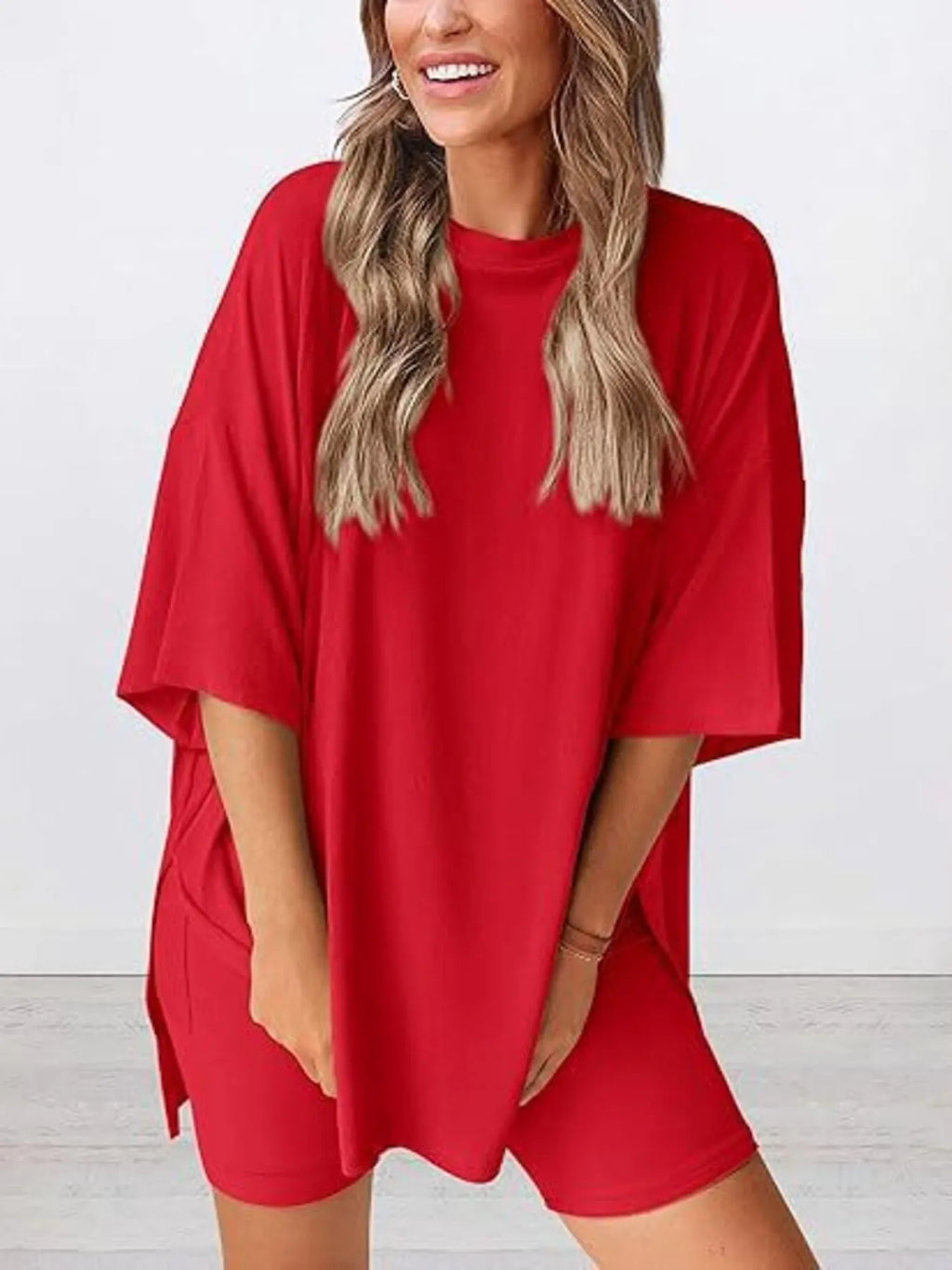 Full Size Oversized Slit Round Neck Top and Shorts Lounge Set Plus Size