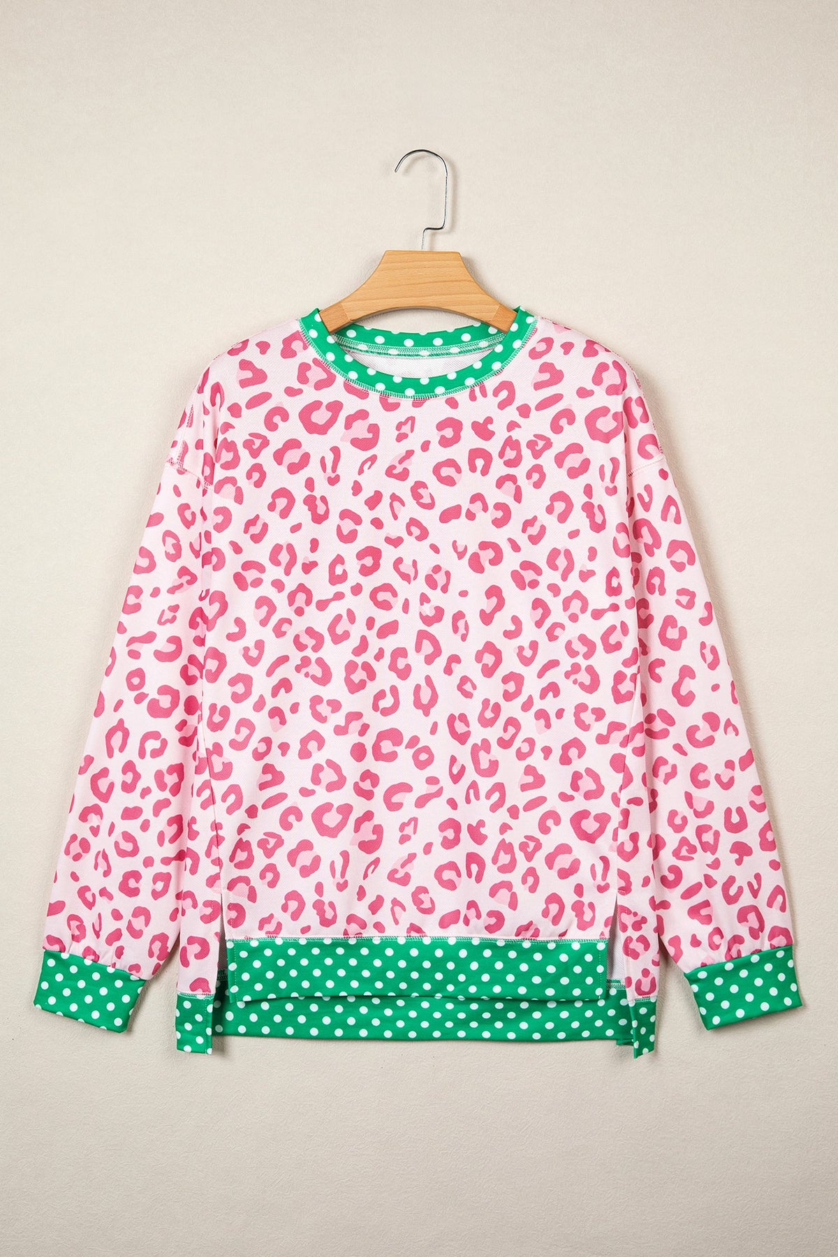 Pink Leopard Polka Dot Colorblock Trim Long Sleeve Top
