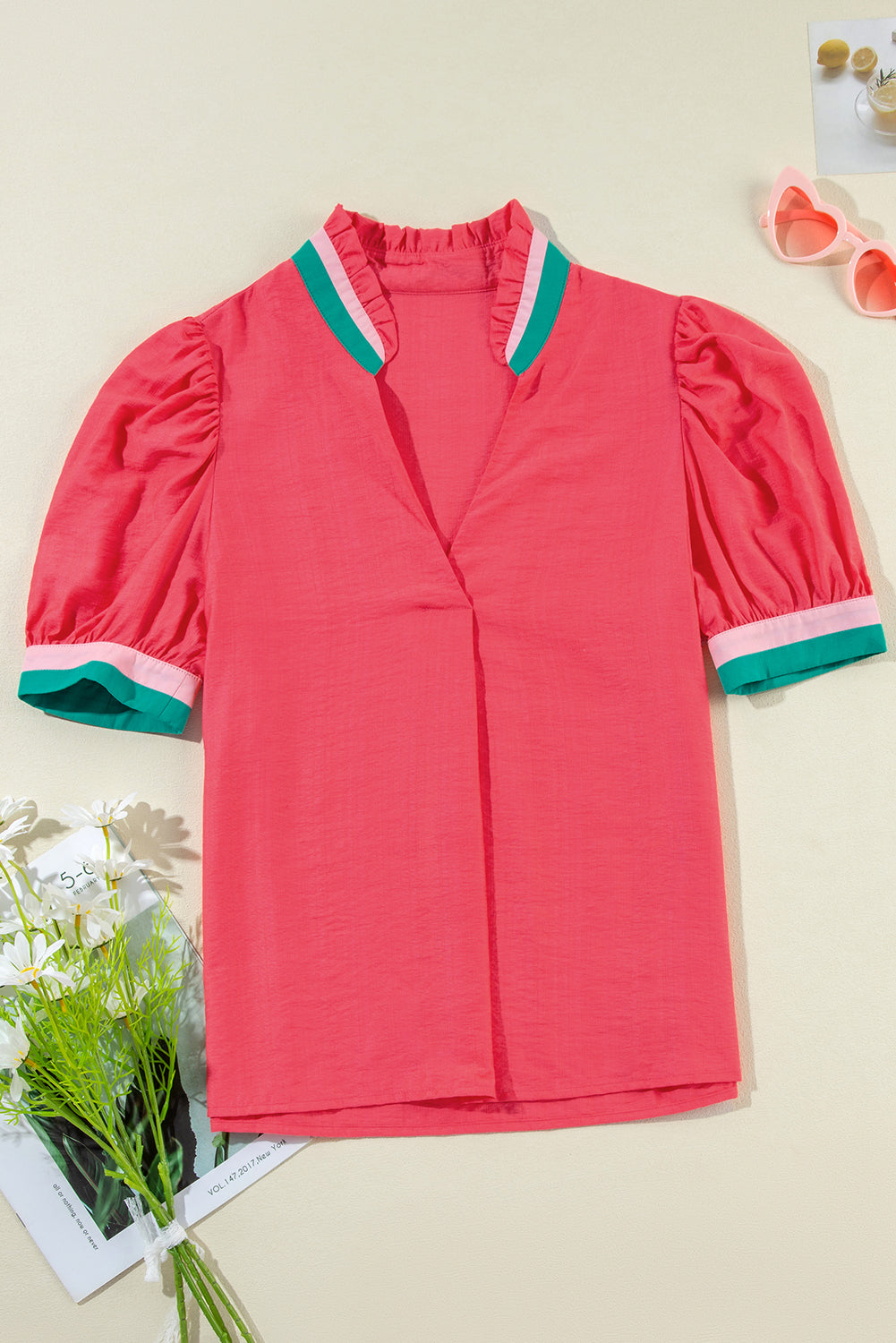 Colorblock Trim V-Neck Short Sleeve Blouse