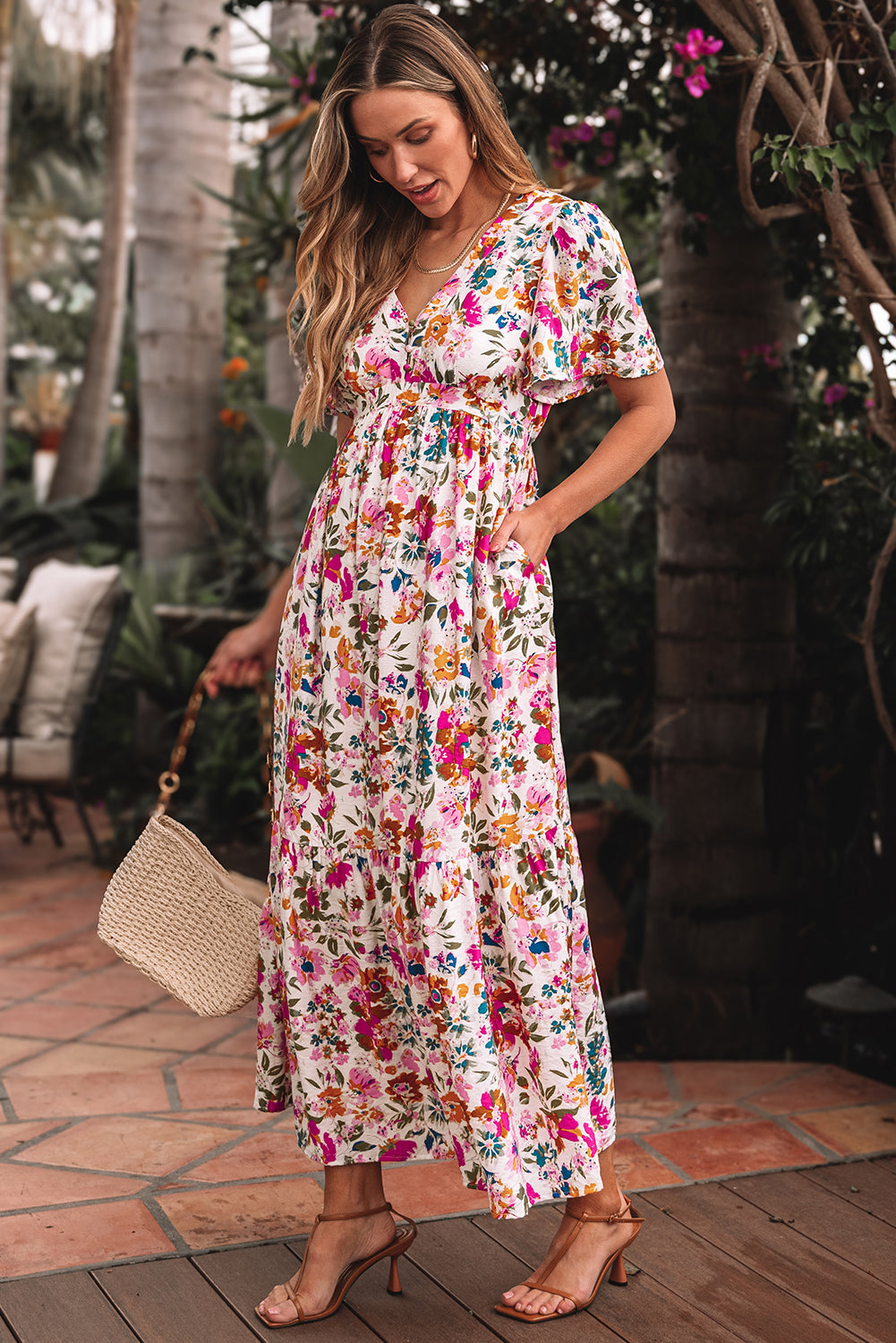 Floral V-Neck Short Sleeve Maxi Dress