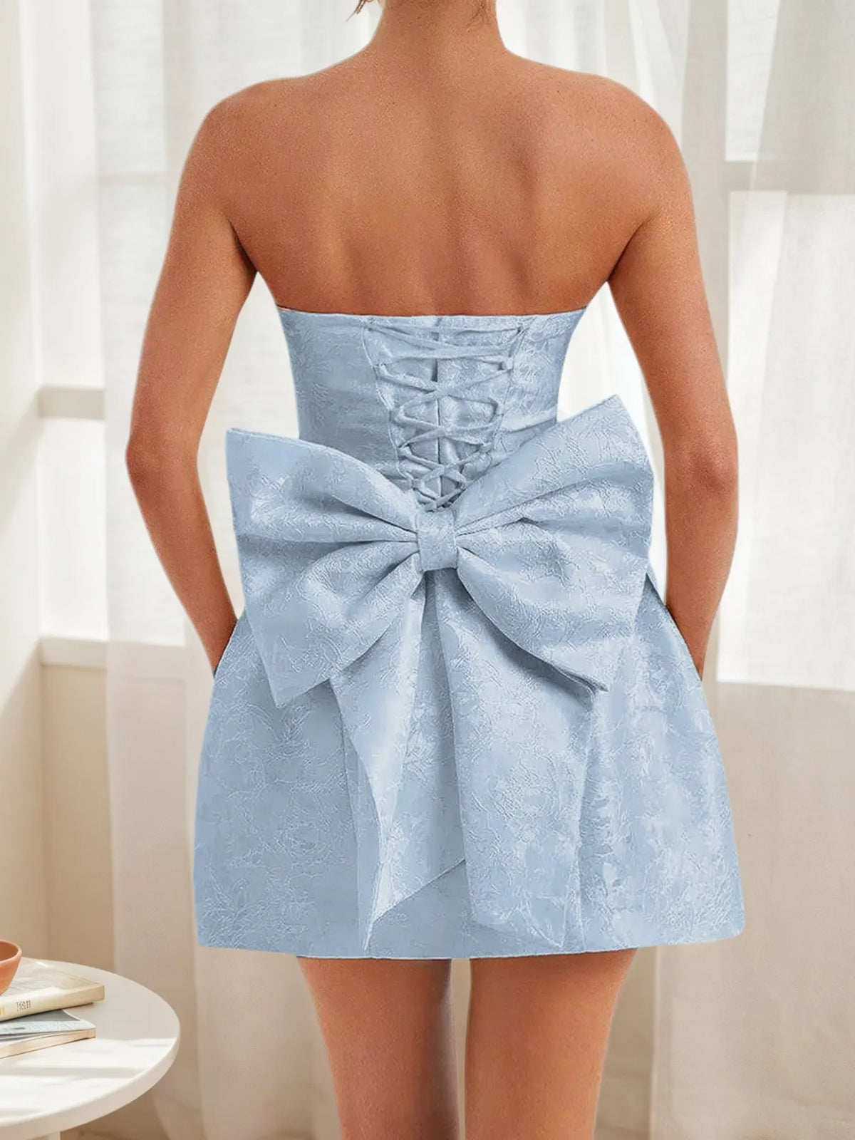 Lace Up Back Mini Dress with Bow Detail