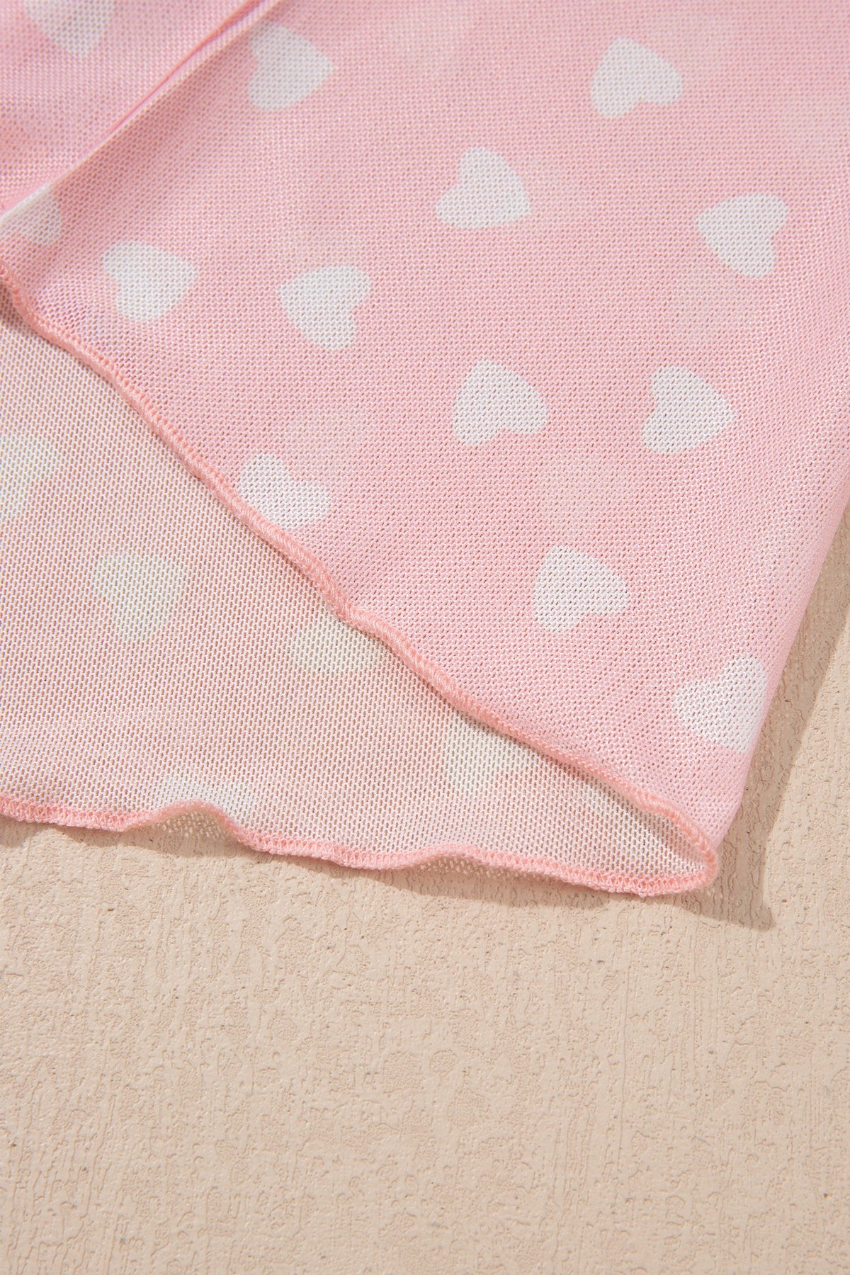 Pink Allover Heart Print Mesh Short Sleeve Top