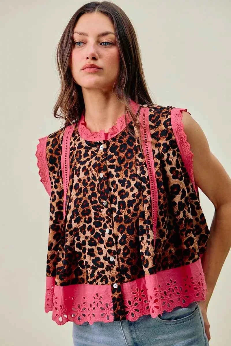 Leopard Button Up Pleated Pink Trim Sleeveless Blouse by So Me