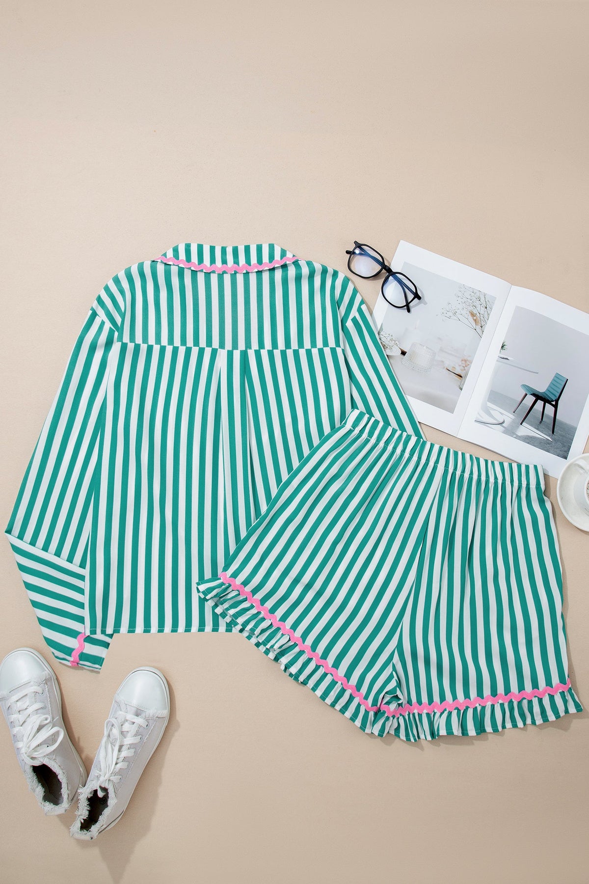 Stripe Ricrac Trim Shirt & Drawstring Shorts Set