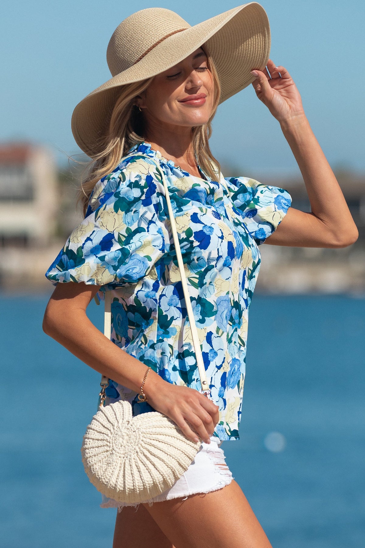Floral Puff Sleeve V-Neck Short Blouse