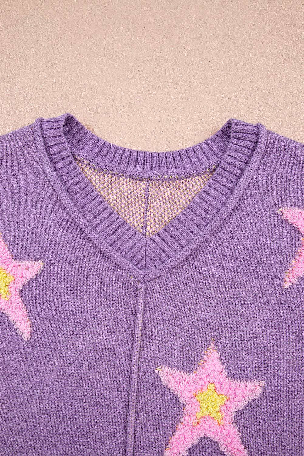 Star Textured V-Neck Drop Shoulder Oversized Sweater