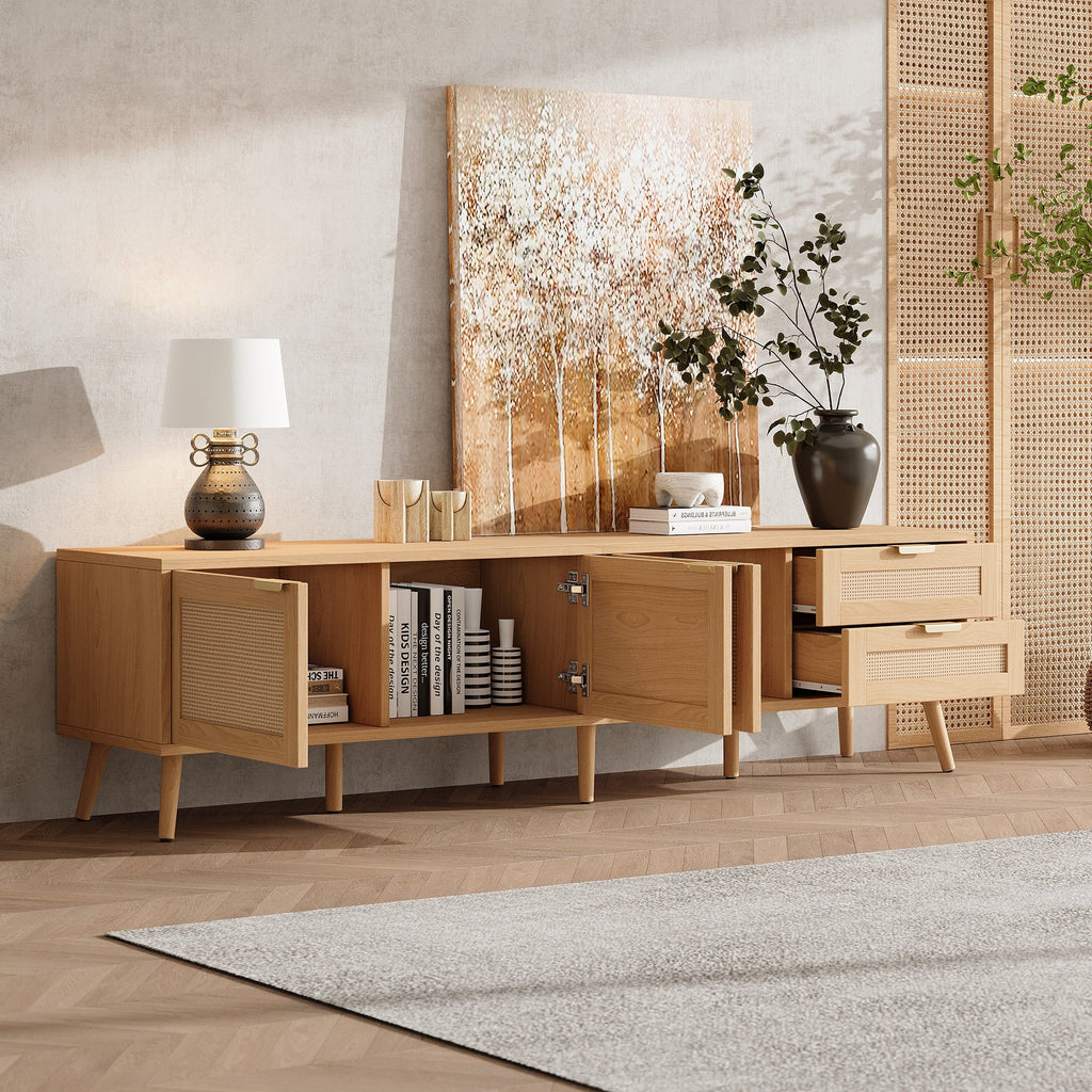 70 Inch Modern TV Stand with Rattan Doors for TVs up to 80"
