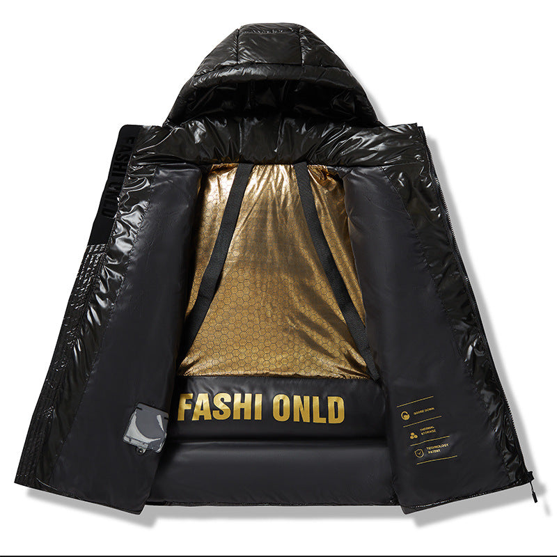 Loose-fitting Black Gold Cotton-padded Hooded Down Jacket