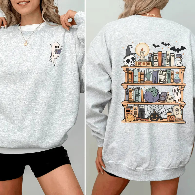 "Reading Ghost" Halloween Sweatshirt - Front & Back Teacher Boo Tee