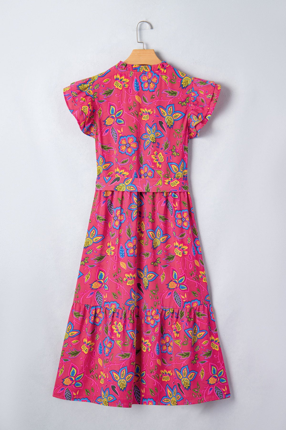 Floral Flutter Sleeve V-Neck Belted Midi Dress