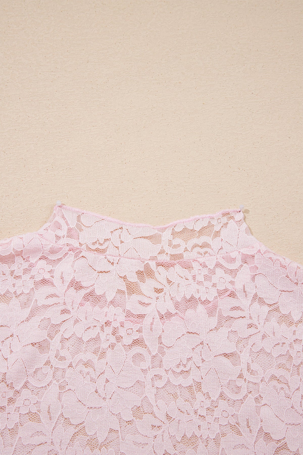 Light Pink Floral Lace Long Sleeve Stand Neck Pullover Top