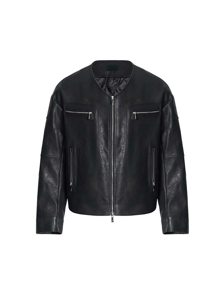 Niche V-neck Zipper Design Leather Coat For Men