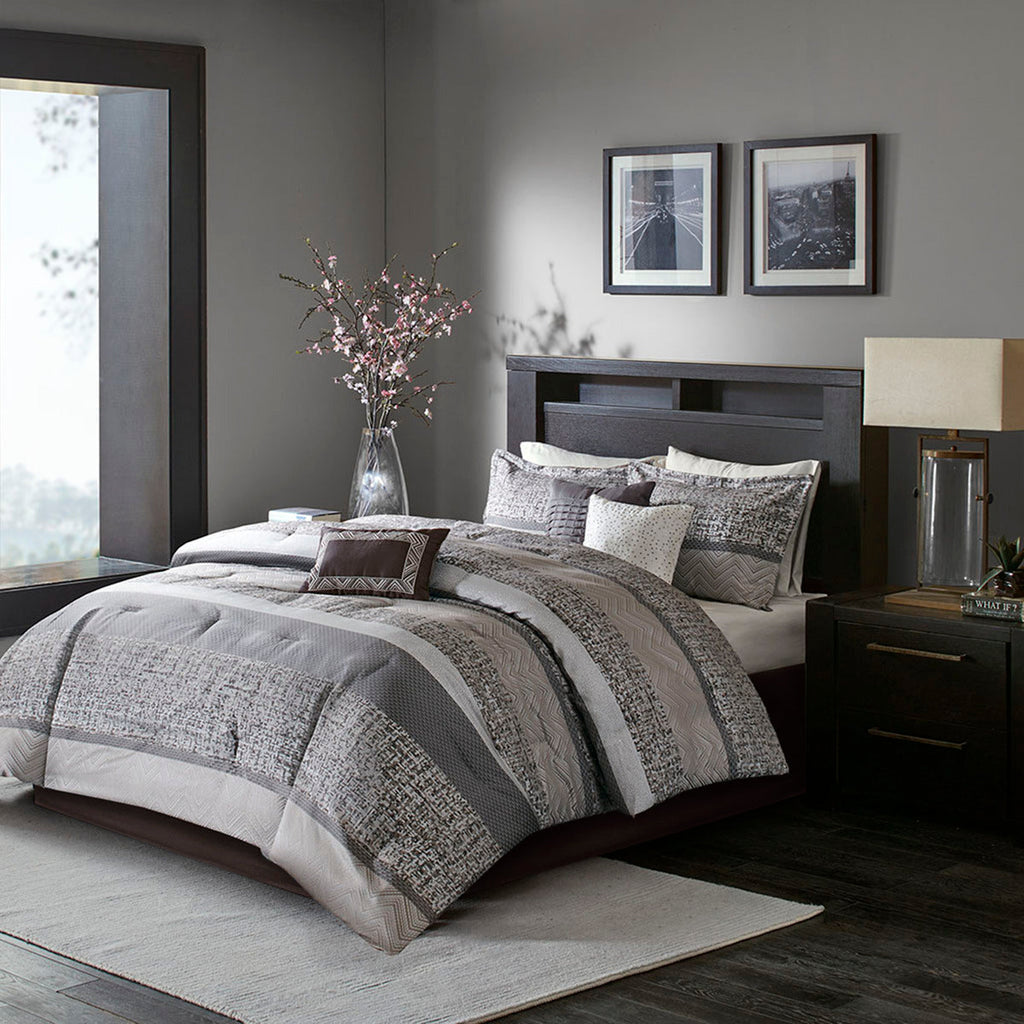 7 Piece Jacquard Comforter Set Grey/Taupe King
