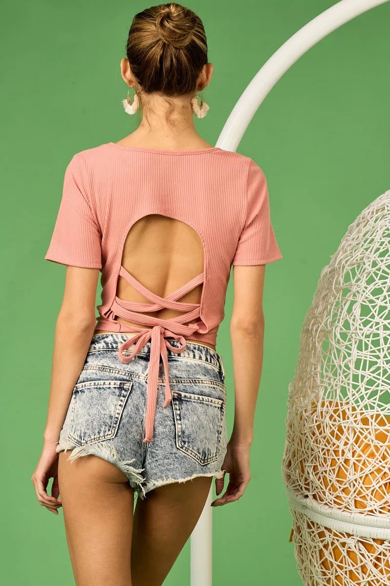 BiBi Rib Knit with Back Cross and Tied Detailed Top