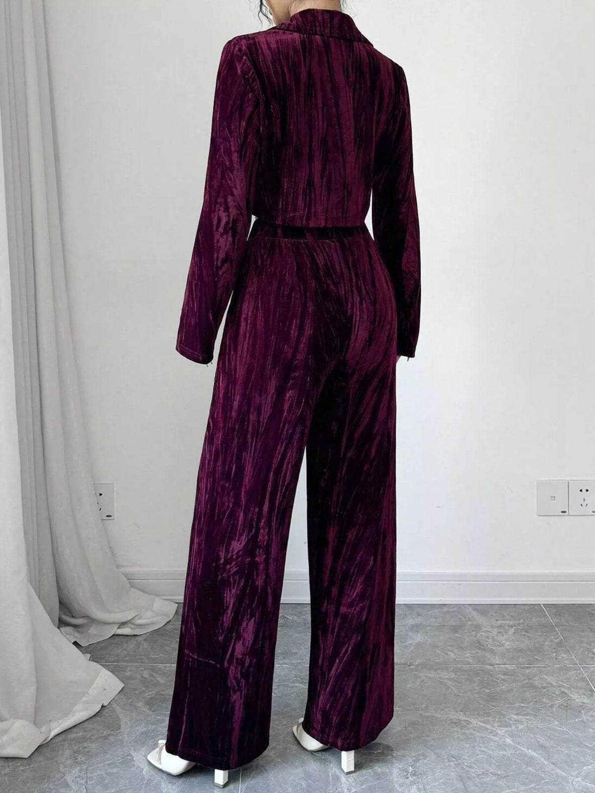 Pleated Velvet Blazer & Wide Leg Pants Set