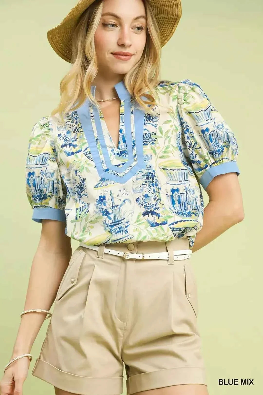 Blue Mix Abstract Print V-Neck Top by Umgee