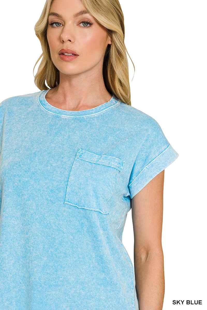 Sky Blue Snow Washed Cuffed Sleeve Tee by Zenana
