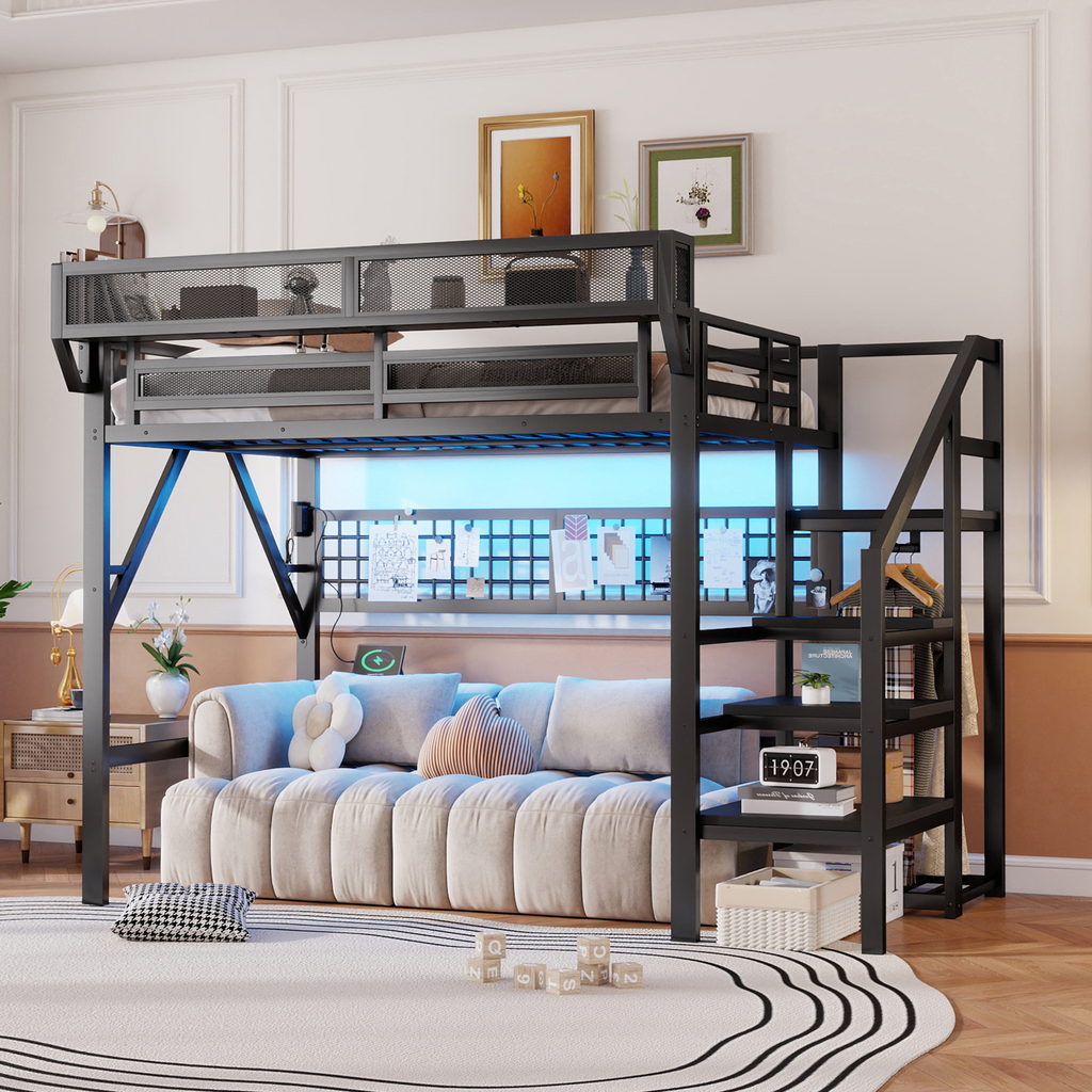 Queen Size Loft Bed with Stairs, Light, and Storage