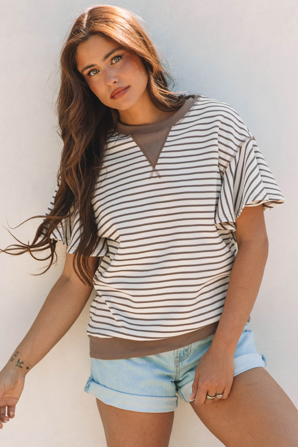 Stripe Contrast Detail Ruffle Short Sleeve Top