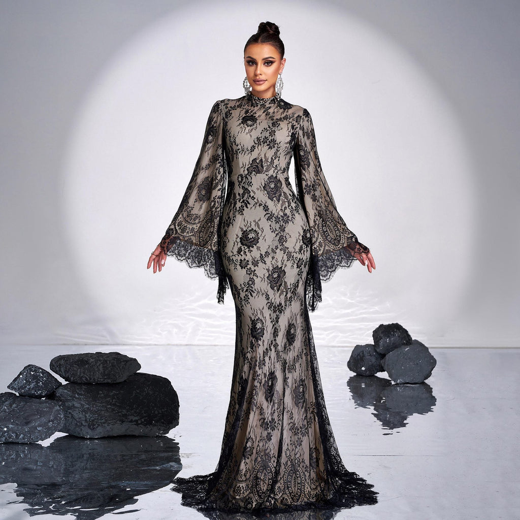 Long Sleeve Round Neck Sexy Lace Banquet Dress