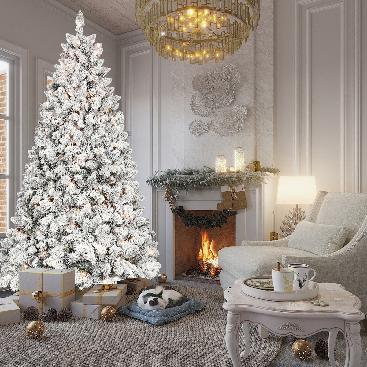 8FT Flocked Christmas Tree with 700 UL Lights and 54 Pine Cones