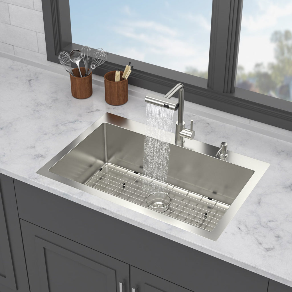 30" Drop-In Kitchen Sink with Pull-Out Faucet and Soap Dispenser