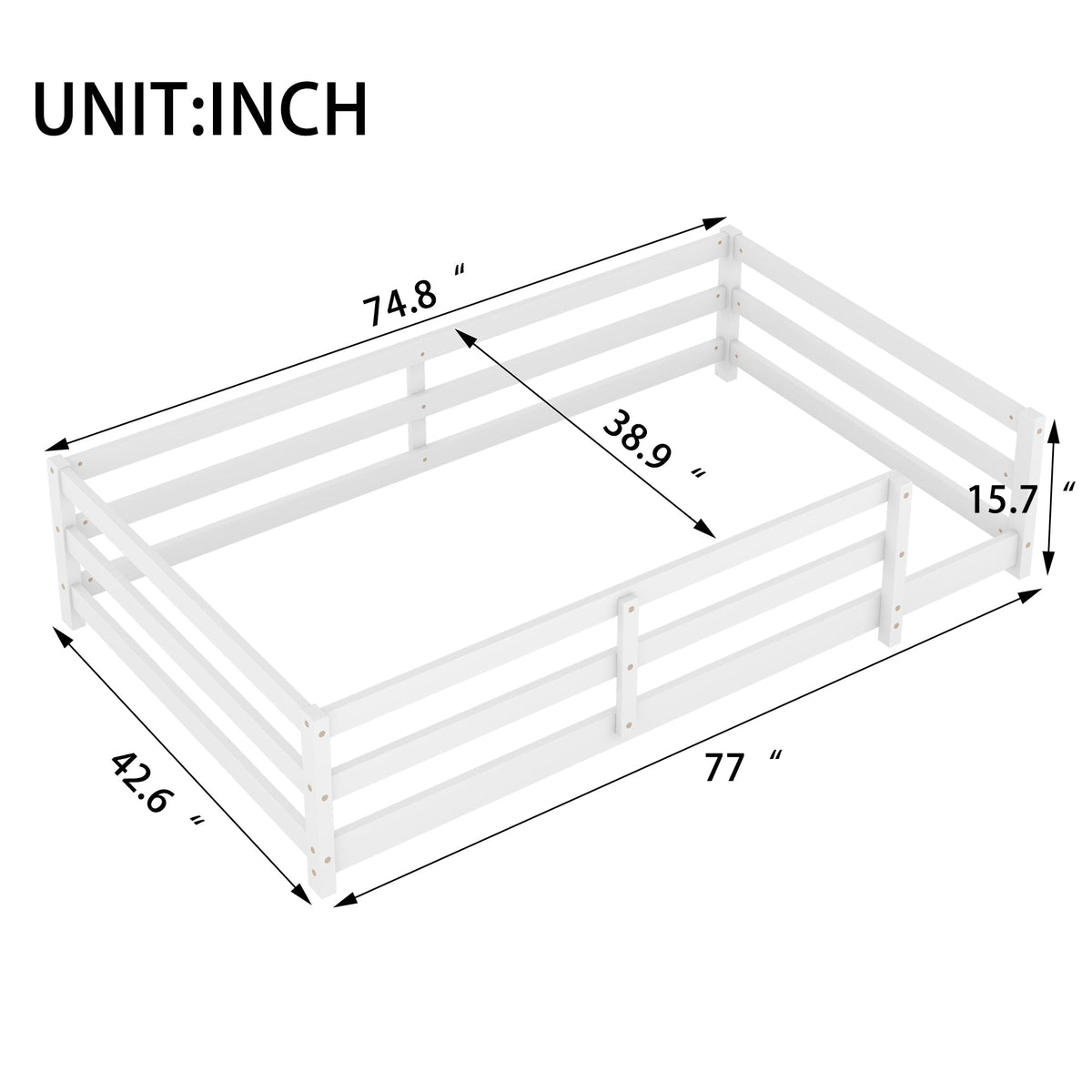 Montessori Twin Size Floor Bed with Fence, White