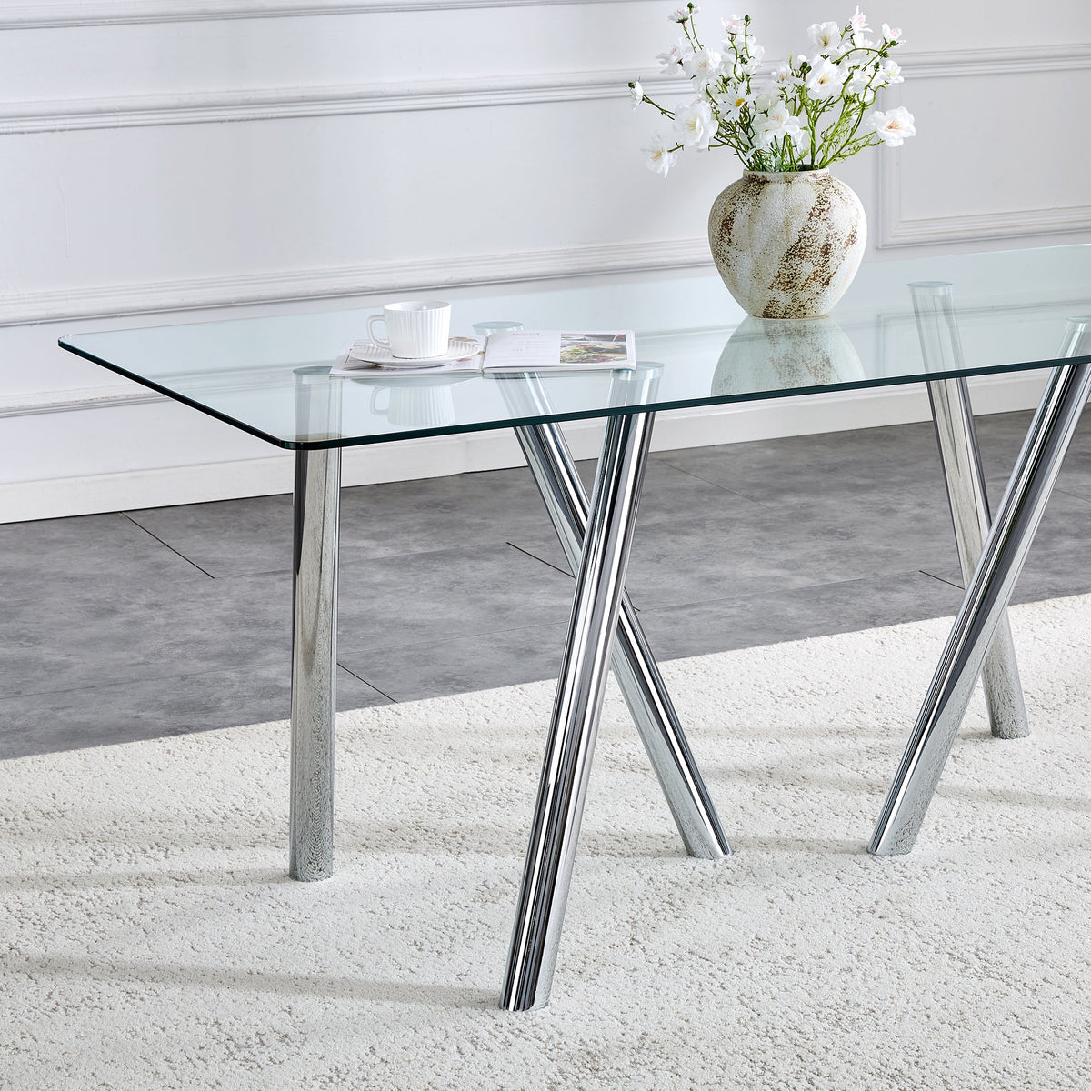 71-Inch Tempered Glass Dining Table with Sturdy Metal Legs