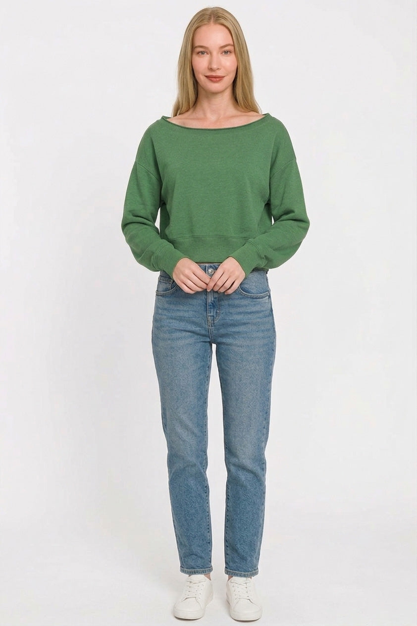 Dark Green Long Sleeve Fleece Boat-Neck Sweatshirt by Zenana