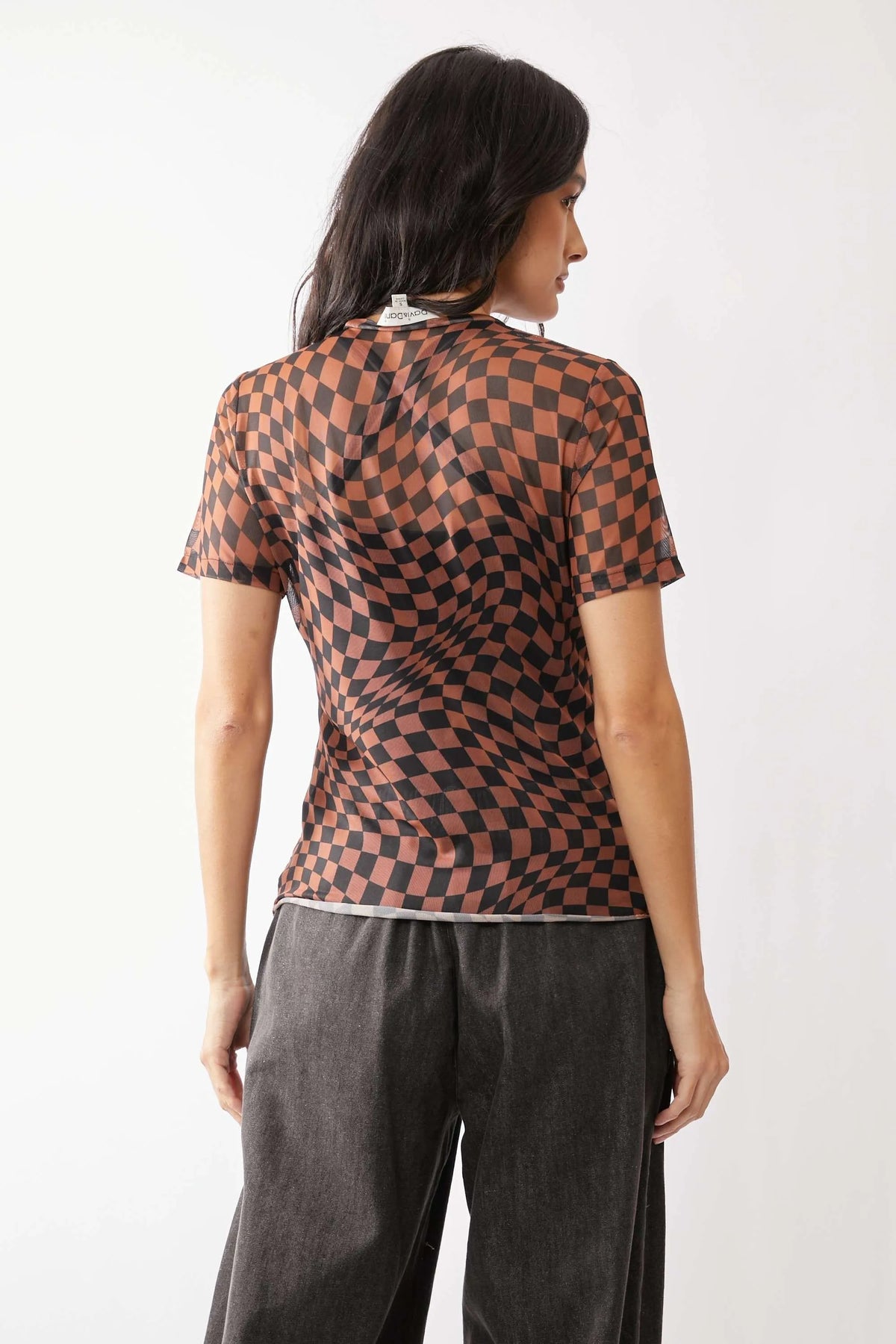 Davi & Dani Checker Board Printed Mesh Short Sleeve Top