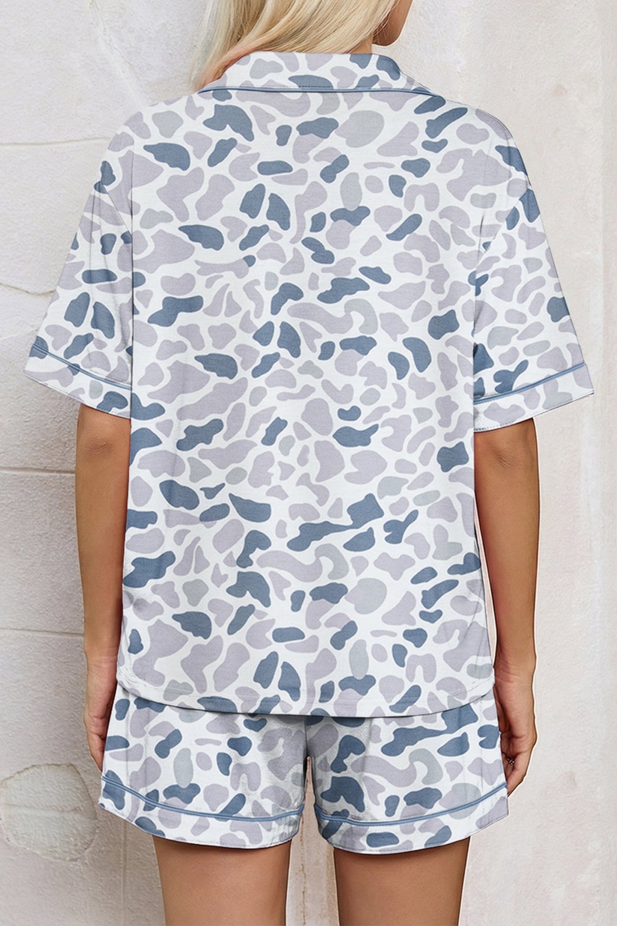 Beige Camouflage Print Lapel Shirt Drawstring 2pcs Short Pajama Set