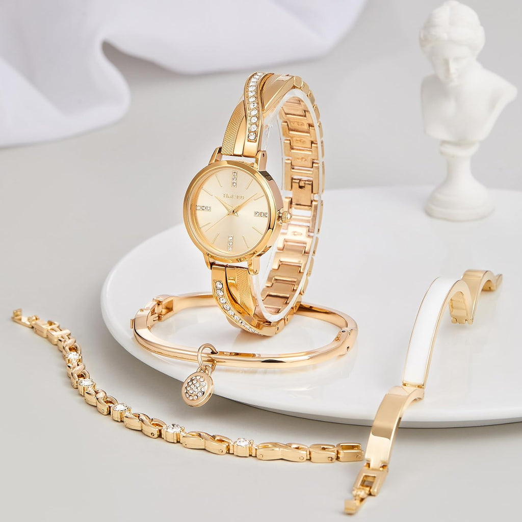 TIME100 Women's Bangle Watch and Gold Watch Chain Bracelets Premium Crystal Accented Bracelet Set W50888L