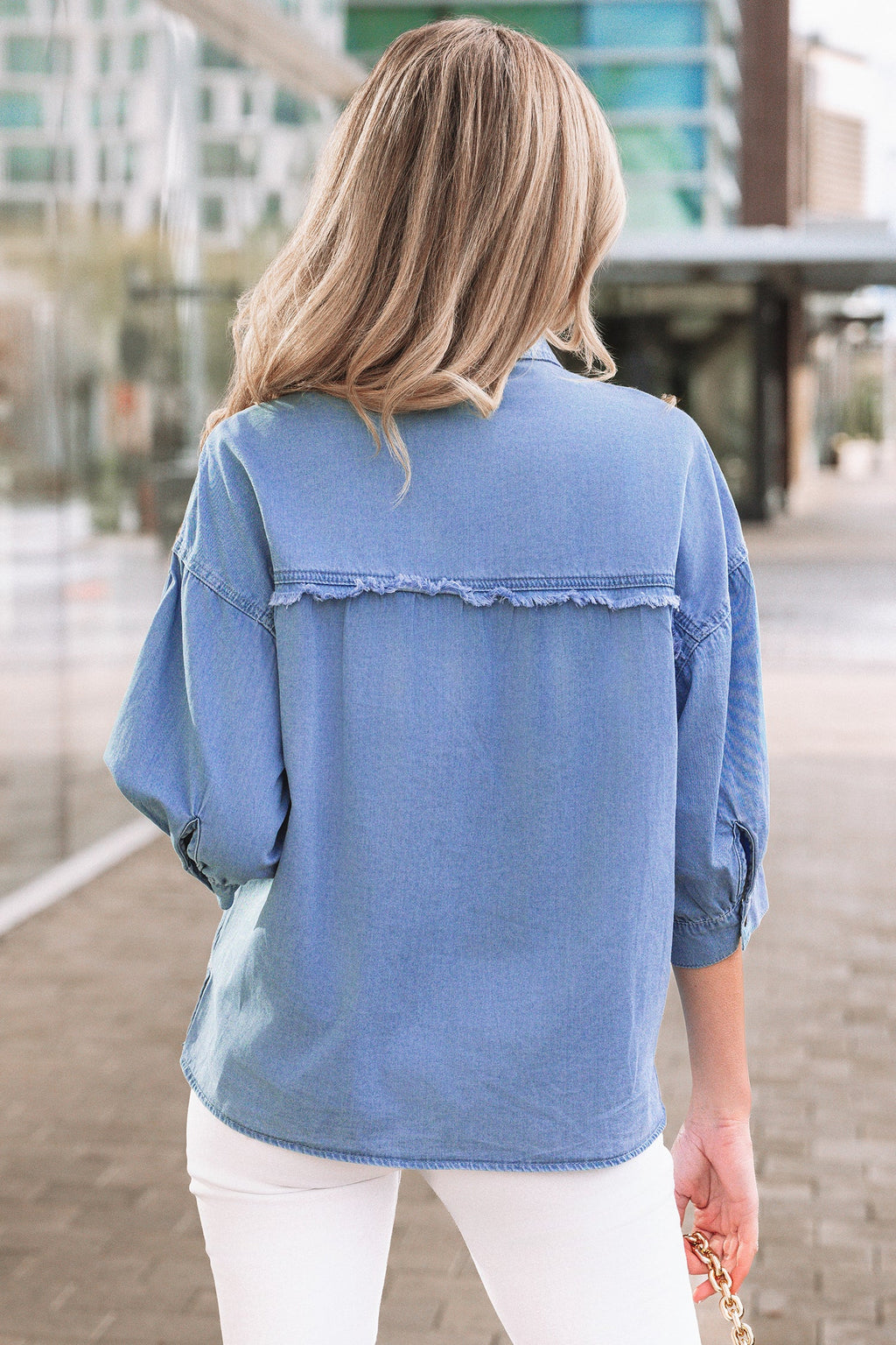 Denim Chambray Drop Shoulder 3/4 Sleeve Shirt