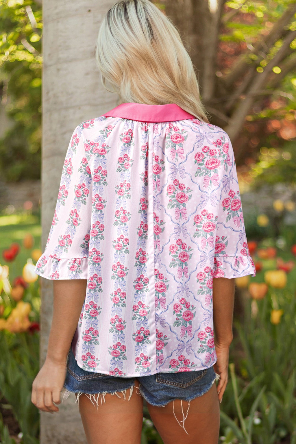 Floral Collared V-Neck Ruffle 3/4 Sleeve Shirt
