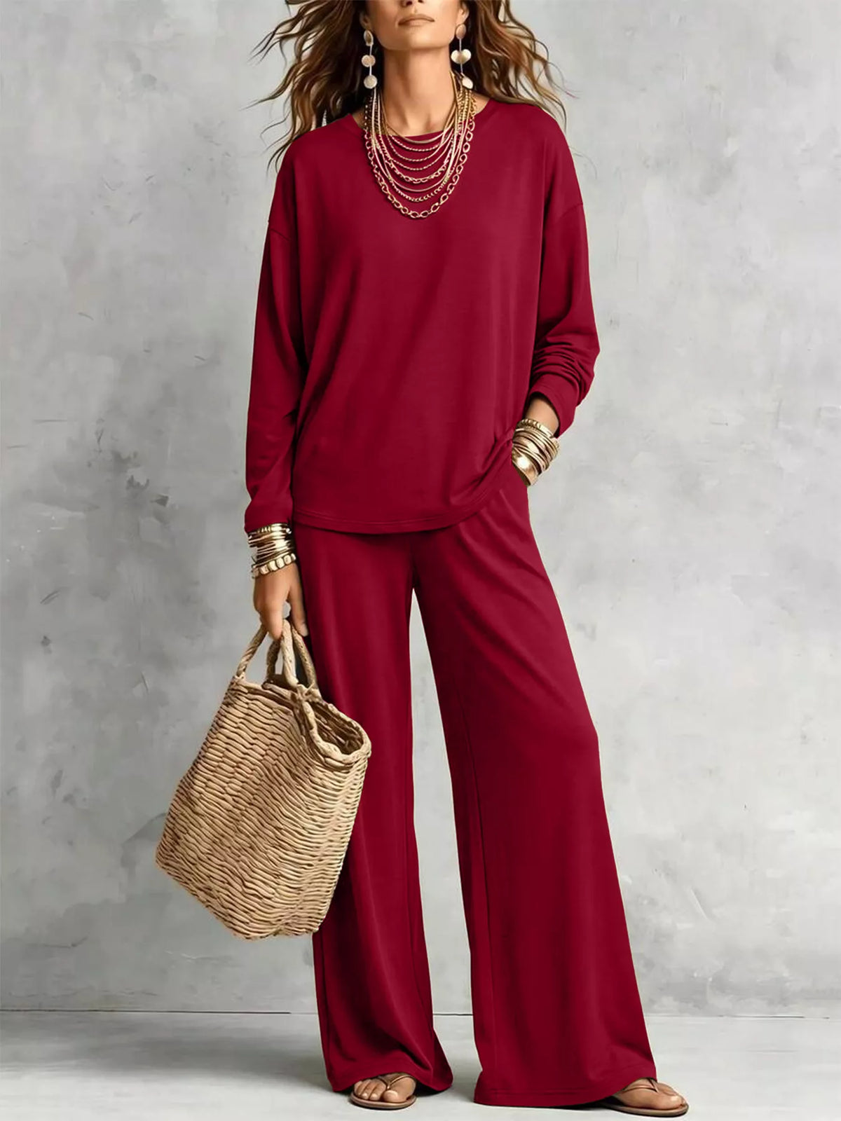 Round Neck T-Shirt and Wide-Leg Pants Set