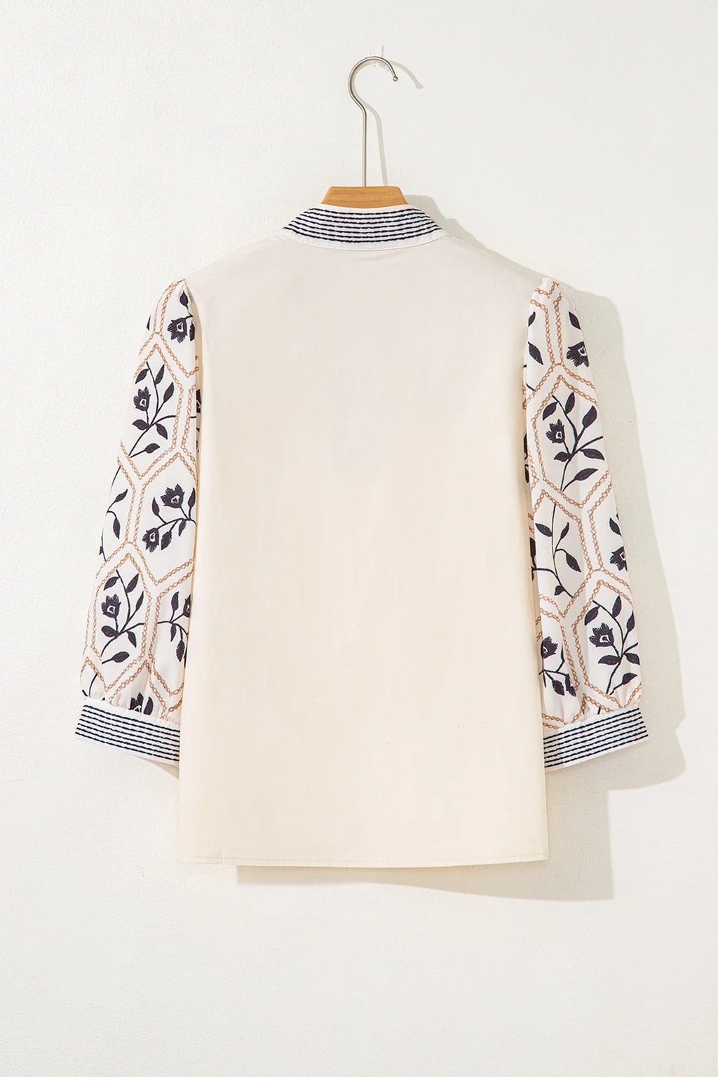 Floral Patchwork Contrast V-Neck Puff Sleeve Blouse