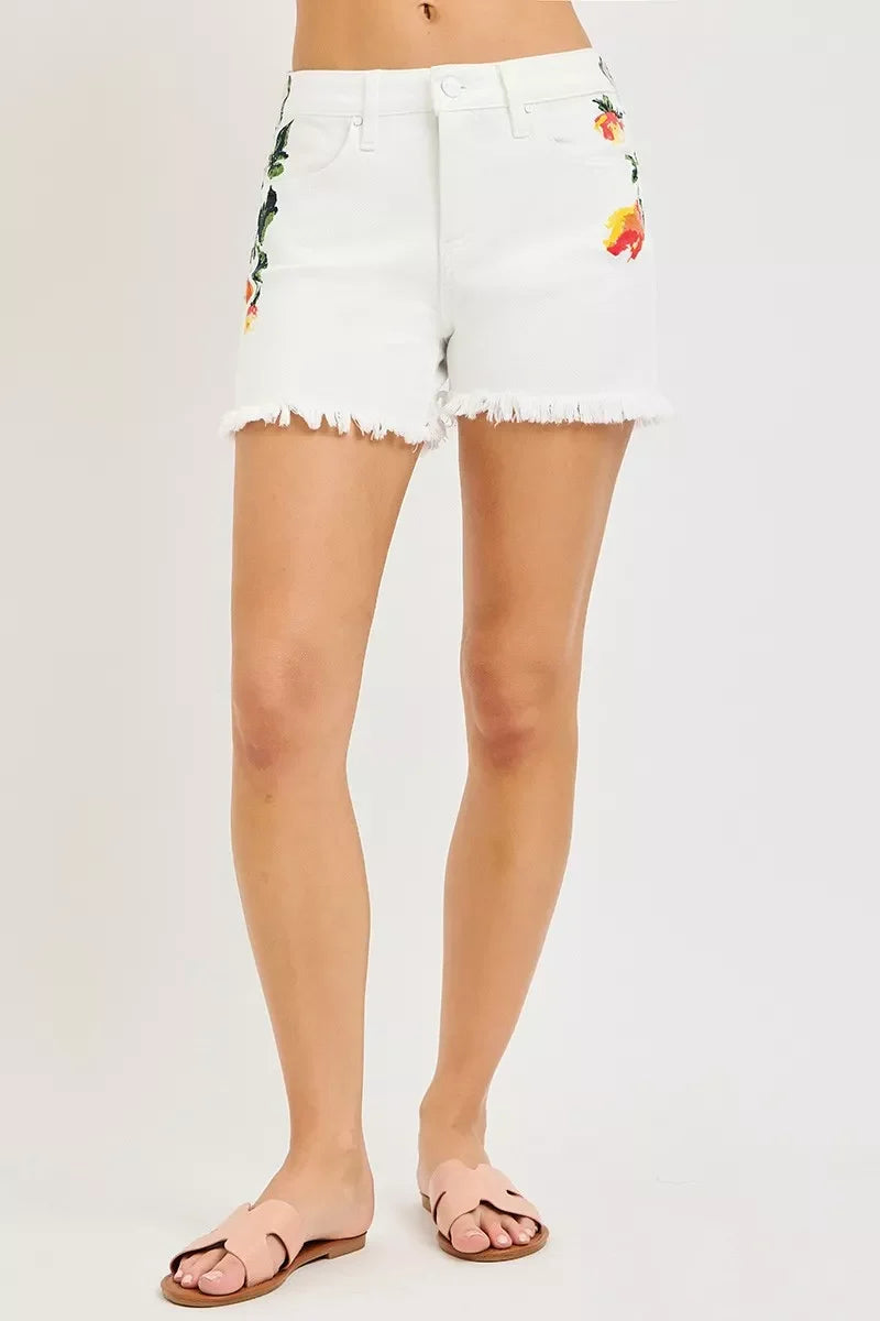 White Tummy Control High Rise Flower Printed Shorts by Risen