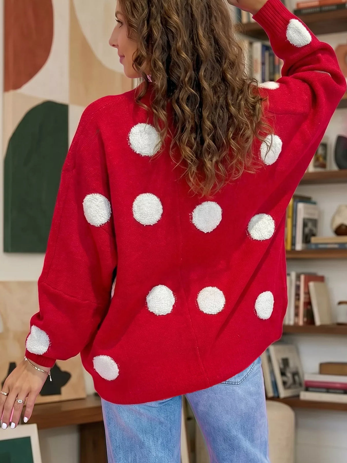 Polka Dot Button Front Oversized V Neck Cardigan