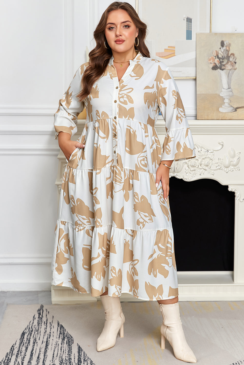 Plus Size Floral 3/4 Ruffle Sleeve Tiered Maxi Dress